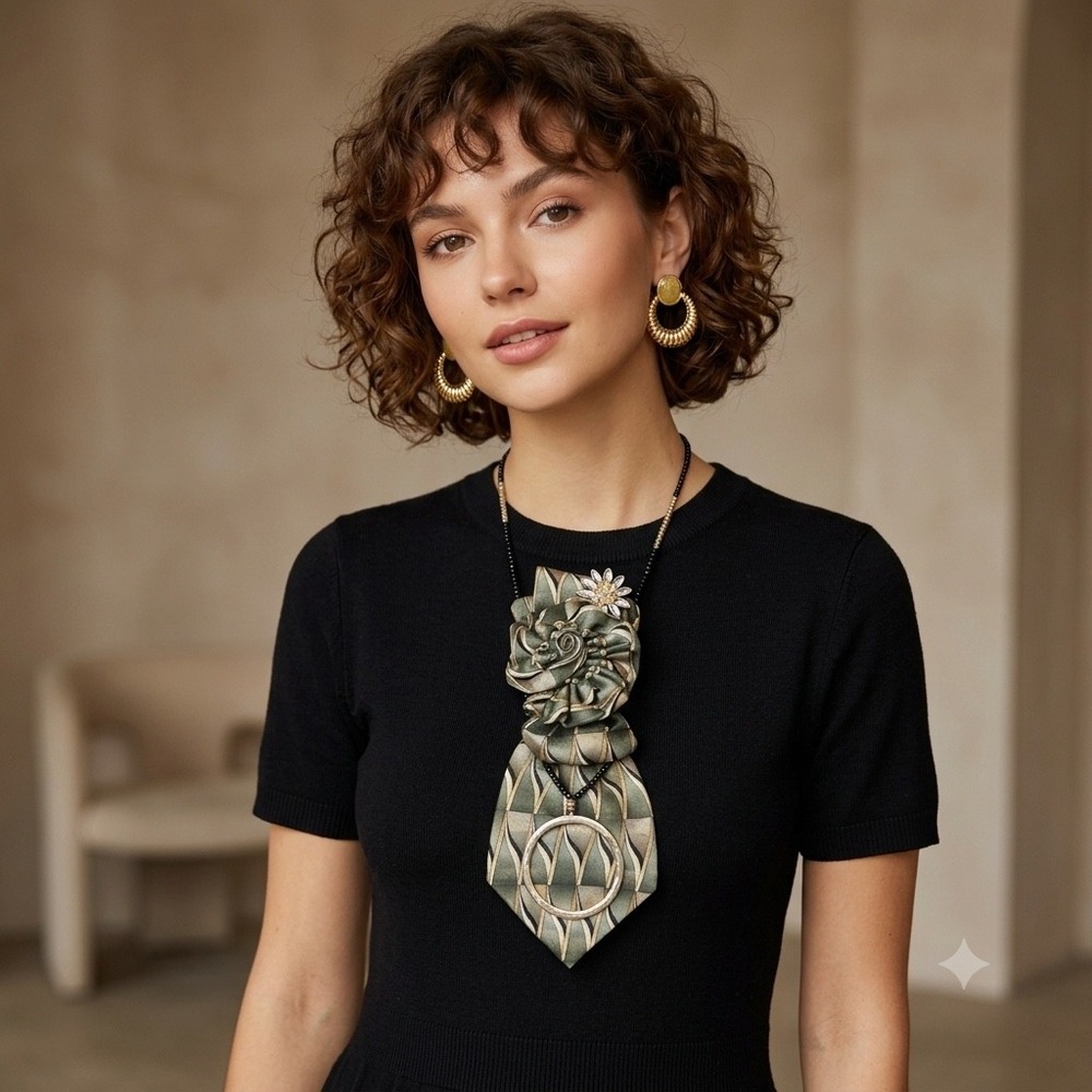 Stafford Upcycled Tie Statement Necklace and Earring Set Green Gold Bee Brooch